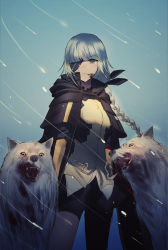 Rule 34 | 1girl, bad id, bad pixiv id, blood, blood on face, braid, eyepatch, girls&#039; frontline, highres, long hair, looking at viewer, m16a1 (boss) (girls&#039; frontline), m16a1 (girls&#039; frontline), mole, mole under eye, silver hair, standing, wolf, xanax025, yellow eyes