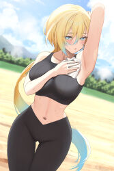 Rule 34 | 1girl, aqua hair, arm up, armpits, black pants, black tank top, blonde hair, blue eyes, blush, breasts, cloth, commentary request, commission, crop top, dutch angle, hair between eyes, half-closed eyes, highres, korean commentary, large breasts, long hair, multicolored hair, navel, open mouth, original, outdoors, pants, skin tight, solo, stomach, sunlight, sweatdrop, tank top, thigh gap, tight clothes, tight pants, twin (tt lsh), two-tone hair, very long hair, yoga pants