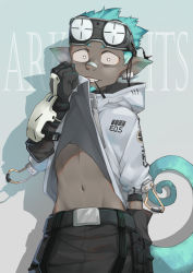 Rule 34 | 1boy, arknights, beard, belt, black belt, black gloves, black pants, blue hair, bright pupils, clothes lift, commentary, copyright name, dark-skinned male, dark skin, drop shadow, elbow gloves, ethan (arknights), facial hair, gloves, goggles, goggles on head, grey background, grey hoodie, grin, groin, hood, hood down, hoodie, hoodie lift, lifting own clothes, looking at viewer, male focus, mouth hold, navel, pants, pointy ears, puffy short sleeves, puffy sleeves, short sleeves, smile, sokimi (sosojovan), solo, tail, tail raised, white pupils