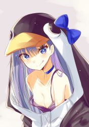 Rule 34 | 1girl, :q, animal hood, bare shoulders, black jacket, blue bow, blue choker, blue eyes, blush, bow, breasts, camisole, choker, cleavage, closed mouth, collarbone, commentary request, fate/grand order, fate (series), hair between eyes, highres, hizaka, hood, hood up, hooded jacket, jacket, long hair, looking at viewer, medium breasts, meltryllis, meltryllis (fate), meltryllis (swimsuit lancer) (fate), meltryllis (swimsuit lancer) (first ascension) (fate), penguin hood, purple camisole, purple hair, smile, solo, strap slip, tongue, tongue out, upper body