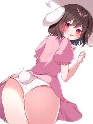 Rule 34 | 1girl, animal ears, black eyes, black hair, blush, dress, floppy ears, inaba tewi, pants, pink dress, puffy sleeves, rabbit ears, rabbit girl, rabbit tail, siomi 403, solo, tail, touhou, white background