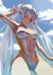 Rule 34 | 1girl, arm up, armpits, bare shoulders, blue sky, blush, breasts, britomart (fate), britomart (final ascension) (fate), center opening, cleavage, double bun, fate/grand order, fate (series), gold trim, green eyes, grey hair, hair bun, hairband, highleg, highleg swimsuit, highres, inugami86, large breasts, long hair, looking to the side, navel, o-ring, one-piece swimsuit, pointy ears, sky, swimsuit, thighs, twintails, two-tone swimsuit, very long hair, wading, wet, white one-piece swimsuit, yellow one-piece swimsuit