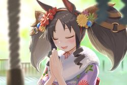Rule 34 | 1girl, absurdres, animal ears, blurry, blurry background, blurry foreground, closed eyes, day, fang, floral print, flower, hair flower, hair ornament, hairband, hatsumoude, highres, horse ears, inuyama tarou, japanese clothes, kimono, long hair, marvelous sunday (umamusume), new year, open mouth, outdoors, palms together, praying, purple kimono, ringlets, skin fang, smile, solo, textless version, twintails, umamusume, upper body