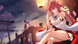 Rule 34 | 2girls, absurdres, animal ears, architecture, bare shoulders, braid, breasts, cherry blossoms, clisapex, crossed legs, detached sleeves, earrings, east asian architecture, floppy ears, fox ears, fox shadow puppet, genshin impact, hair between eyes, hair ornament, highres, japanese clothes, jewelry, kimono, long hair, long sleeves, looking at viewer, low-braided long hair, low-tied long hair, medium breasts, multiple girls, night, nontraditional miko, pink fur, pink hair, purple eyes, purple hair, purple kimono, purple thighhighs, raiden shogun, sideboob, smile, thighhighs, thighs, tomoe (symbol), very long hair, wide sleeves, yae miko