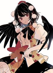 Rule 34 | 1girl, bird wings, black hair, black skirt, black wings, buttons, feathered wings, frilled skirt, frills, hand fan, hat, hauchiwa, highres, holding, holding fan, mozukuzu (manukedori), parted lips, pom pom (clothes), puffy short sleeves, puffy sleeves, red eyes, red hat, shameimaru aya, shirt, short hair, short sleeves, simple background, skirt, solo, tokin hat, touhou, upper body, white background, white shirt, wings