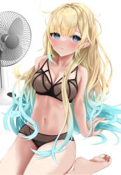 Rule 34 | 1girl, absurdres, aizawa ema, arm support, barefoot, black bra, black panties, blonde hair, blue eyes, blue hair, blunt bangs, blush, bra, breasts, feet, gradient hair, highres, hot, large breasts, lingerie, long hair, looking at viewer, multicolored hair, navel, panties, sitting, soles, solo, stomach, sweat, toes, touyou to, underwear, very long hair, virtual youtuber, vspo!, yellow nails