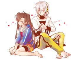 Rule 34 | 1boy, 1girl, asymmetrical sleeves, black hair, detached collar, enomoto takane, hair down, kagerou project, konoha (kagerou project), layered sleeves, long hair, long sleeves, red eyes, shirou (vista), short over long sleeves, short sleeves, silver hair, simple background, sitting, swept bangs, twintails, two side up, uneven sleeves, vocaloid, white background, yamaha
