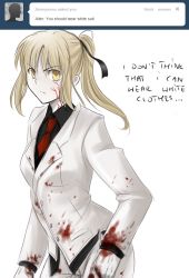 Rule 34 | 1girl, alternate costume, artoria pendragon (all), artoria pendragon (fate), black shirt, blood, blood on clothes, english text, fate/stay night, fate/zero, fate (series), formal, gloves, hair ribbon, long hair, necktie, pale skin, pant suit, pants, ponytail, ribbon, saber (fate), saber alter, shirt, solo, suit, tumblr, tusia, veins, white gloves, white suit, yellow eyes
