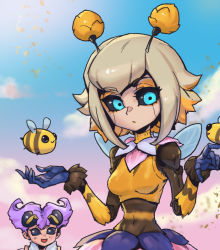 Rule 34 | 2girls, :d, animal, antennae, bee, black sclera, blonde hair, blue eyes, breasts, bug, character request, closed mouth, colored sclera, crop top, day, fur trim, insect, league of legends, medium breasts, medium hair, multiple girls, open mouth, orbeeanna, orianna (league of legends), outdoors, phantom ix row, pink hair, short hair, smile, solo focus, tank top, upper body, wings, yellow tank top