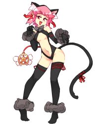Rule 34 | 1girl, alternate costume, animal ears, ankle strap, arm strap, black gloves, black thighhighs, blush, bow, bowtie, breasts, cat ears, cat tail, commentary, cosplay, elbow gloves, fake animal ears, gloves, grey bow, grey bowtie, hair ornament, hair ribbon, jakuzure nonon, kill la kill, midriff, pink eyes, pink hair, prisma illya (cosplay), red headwear, ribbon, rtil, slingshot swimsuit, small breasts, solo, star (symbol), swimsuit, tail, tail strap, thigh strap, thighhighs, white background, wrist strap