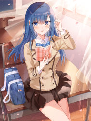 Rule 34 | 1girl, :d, bag, blue bow, blue bowtie, blue eyes, blue hair, blush, book, bow, bowtie, breasts, brown jacket, brown skirt, chair, collared shirt, commentary request, curtains, day, desk, dress shirt, hair between eyes, hair ornament, hairclip, hands up, highres, holding, holding book, indoors, jacket, kinona, long sleeves, looking at viewer, medium breasts, on desk, open book, open mouth, original, petals, plaid, plaid bow, plaid bowtie, plaid neckwear, pleated skirt, school bag, school chair, school desk, school uniform, shirt, sitting, on desk, skirt, smile, solo, transparent, white shirt, window