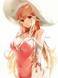 Rule 34 | 1girl, arms behind back, azur lane, bare shoulders, blonde hair, blush, breasts, covered navel, frills, hair ornament, hat, highleg, highleg swimsuit, highres, irohatomo, large breasts, long hair, long sleeves, looking at viewer, one-piece swimsuit, pink one-piece swimsuit, red eyes, richelieu (azur lane), richelieu (fleuron of the waves) (azur lane), simple background, smile, solo, sun hat, swimsuit, thighhighs, very long hair, white background, white hat