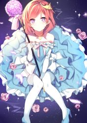 Rule 34 | 10s, 1girl, between legs, dress, elbow gloves, expressionless, fingerless gloves, flower, gloves, hand between legs, hecha (01964237), high heels, highres, jewelry, knees together feet apart, looking at viewer, love live!, love live! school idol festival, love live! school idol project, necklace, nishikino maki, off-shoulder dress, off shoulder, pantyhose, pink flower, pink rose, purple eyes, red hair, ribbon, rose, sitting, solo, staff, tiara, white gloves, white pantyhose