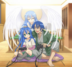 Rule 34 | 00s, 1boy, 2girls, age difference, ahoge, angel, angel wings, barefoot, closed eyes, family, father and daughter, game console, green eyes, hand on head, izumi kanata, izumi konata, izumi soujirou, lucky star, mole, mole under eye, mother and daughter, multiple girls, mutsuki (moonknives), open mouth, playing games, playstation 2, smile, socks, sony, video game, wings