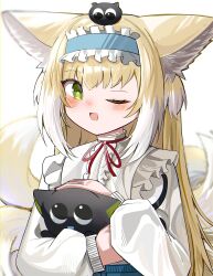 Rule 34 | 1girl, ;d, absurdres, animal, animal ear fluff, animal ears, arknights, black cat, blonde hair, blue hairband, blue skirt, blush, cat, center frills, commentary, crossover, fox ears, fox girl, fox tail, frilled hairband, frills, green eyes, hairband, heixiu, high-waist skirt, highres, holding, holding animal, kitsune, long hair, long sleeves, looking at viewer, luo xiaohei, luo xiaohei (cat), luo xiaohei zhanji, multicolored hair, neck ribbon, on head, one eye closed, open mouth, puffy long sleeves, puffy sleeves, red ribbon, ribbon, shirt, simple background, skirt, smile, spam (spamham4506), suzuran (arknights), suzuran (spring praise) (arknights), tail, two-tone hair, very long hair, white background, white hair, white shirt