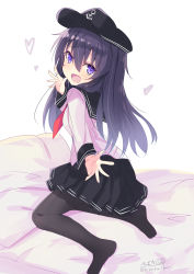 Rule 34 | 1girl, absurdres, akatsuki (kancolle), anchor symbol, ass, back, black pantyhose, black sailor collar, black skirt, blanket, blush, breasts, flat cap, full body, hair between eyes, hair ornament, hairclip, hat, heart, highres, hizaka, kantai collection, kneeling, long hair, looking at viewer, messy hair, neckerchief, on bed, one-hour drawing challenge, open mouth, pantyhose, pleated skirt, purple eyes, purple hair, red neckerchief, sailor collar, school uniform, serafuku, signature, simple background, skirt, small breasts, smile, solo, twitter username, white background