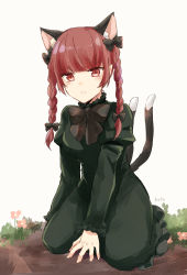 Rule 34 | 1girl, animal ear fluff, animal ears, arm support, black bow, black bowtie, blunt bangs, bow, bowtie, braid, breasts, cat ears, cat tail, daisy, dress, extra ears, flower, frills, full body, green dress, hair bow, hair ribbon, highres, juliet sleeves, kaenbyou rin, kneeling, koto (shiberia39), light blush, light frown, long hair, long sleeves, looking down, medium breasts, multiple tails, nekomata, on ground, pink flower, pointy ears, puffy sleeves, red eyes, red hair, ribbon, sad, simple background, solo, tail, touhou, tress ribbon, twin braids, twintails, two tails, white background