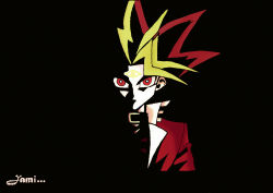 Rule 34 | 1boy, black background, black hair, blending, blonde hair, bright pupils, character name, choker, jaynchen, looking at viewer, red eyes, red hair, simple background, solo, upper body, white pupils, yami yugi, yu-gi-oh!, yu-gi-oh! (toei)