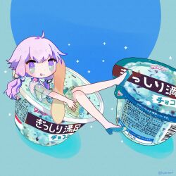 Rule 34 | 1girl, :p, ahoge, blue background, blue footwear, blush, bow, circle, closed mouth, commentary, dress, food, foot up, frilled dress, frills, from side, full body, glico, green dress, green eyes, grey bow, hair bow, high heels, highres, ice cream, ice cream cup, ice cream spoon, in food, kyarai-417, looking at viewer, looking to the side, mini person, minigirl, mint chocolate, multiple hair bows, purple eyes, purple hair, see-through, see-through sleeves, short dress, short hair with long locks, short sleeves, smile, solo, sparkle, spoon, tongue, tongue out, translation request, twitter username, two-tone background, two-tone eyes, vocaloid, voiceroid, yuzuki yukari