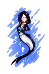Rule 34 | 1girl, black hair, breasts, chibi, cleavage, female focus, fishman island, full body, hood, hoodie, madame shirley, mermaid, monster girl, one piece, solo, tail, transparent background, yellow eyes