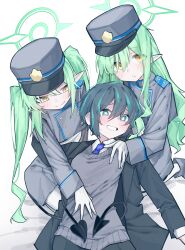 Rule 34 | 3girls, absurdres, bed sheet, black hat, black jacket, black skirt, black tail, blue archive, blue necktie, blush, buttons, collared shirt, commentary request, double-breasted, female sensei (blue archive), gloves, green hair, grey jacket, grey vest, hair between eyes, hat, highres, hikari (blue archive), jacket, long hair, long sleeves, multiple girls, necktie, nozomi (blue archive), open mouth, peaked cap, pointy ears, sensei (blue archive), shirt, short hair, sidelocks, skirt, twintails, vest, vivo (vivo sun 0222), white gloves, white shirt, yellow eyes