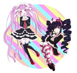 Rule 34 | 2girls, age difference, ankle boots, ankle bow, ankle ribbon, arms up, ass, black coat, black dress, black footwear, black hair, black jacket, black skirt, blouse, blue background, blush, boots, bow, celestia ludenberg, child, circle background, clothes swap, coat, collared shirt, crossed arms, danganronpa: trigger happy havoc, danganronpa (series), danganronpa another episode: ultra despair girls, dress, drill hair, embarrassed, excited, eyebrows hidden by hair, finger to cheek, finger to face, finger to mouth, finger to own chin, frilled dress, frilled skirt, frilled sleeves, frills, full body, hair bow, hairband, hand up, hands on own chest, hands up, headband, headwear request, high heels, jacket, knee socks, kneehighs, leg ribbon, long hair, long sleeves, looking at viewer, multicolored background, multiple girls, necktie, open mouth, orange background, pink background, pink bow, pink eyes, pink footwear, pink hair, pink hairband, pink headband, pink headwear, pink legwear, polka dot, polka dot bow, red eyes, red footwear, red neckwear, red tie, ribbon, shirt, sitting, skirt, socks, standing, strapped heels, striped legwear, sweat, sweatdrop, thigh bow, thighhighs, tongue, twintails, utsugi kotoko, white background, white bow, white headwear, white legwear, white shirt, yellow background