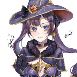 Rule 34 | 1girl, blue eyes, bow, choker, closed mouth, earrings, eyelashes, eyes visible through hair, floating, genshin impact, glint, gloves, hat, jewelry, long eyelashes, long hair, looking at viewer, mona (genshin impact), purple bow, purple choker, purple gloves, purple hair, purple hat, simple background, single earring, smile, solo, twintails, upper body, user umwm5343, water, white background, witch hat