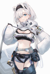 Rule 34 | 1girl, absurdres, animal ears, arknights, aurora (arknights), bear ears, black gloves, black hairband, black shirt, blue eyes, breasts, cleavage, cleavage cutout, clothing cutout, commentary, cowboy shot, crop top, crop top overhang, cropped jacket, ema (kuguiema), eyes visible through hair, female focus, gloves, grey background, grey shorts, hair over one eye, hairband, hand on own hip, hand up, highres, infection monitor (arknights), jacket, long hair, long sleeves, looking at viewer, medium breasts, midriff, navel, pouch, revealing clothes, shirt, short shorts, shorts, silver hair, simple background, smile, solo, standing, stomach, very long hair, white jacket