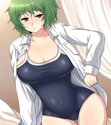 Rule 34 | 1girl, bad id, bad pixiv id, breasts, female focus, gradient background, green hair, inaho, kazami yuuka, large breasts, one-piece swimsuit, red eyes, short hair, solo, swimsuit, touhou