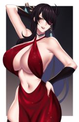 Rule 34 | 1girl, arm behind head, bare shoulders, beidou (genshin impact), black hair, blush, border, breasts, cero rains, choker, cleavage, colored eyepatch, criss-cross halter, dress, earrings, eyepatch, genshin impact, hair between eyes, hair ornament, hair over one eye, hair stick, halterneck, hand on own hip, highres, huge breasts, jewelry, lipgloss, long hair, looking at viewer, makeup, nail polish, navel, red dress, red eyes, red nails, skindentation, smile, solo, thighhighs, white border