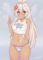 Rule 34 | 10s, 1girl, ahoge, arm at side, arm behind back, artist name, bikini, bikini bottom only, blue background, breasts, breath, closed mouth, cowboy shot, dark-skinned female, dark skin, dated, flower, gluteal fold, granblue fantasy, hair between eyes, hair flower, hair ornament, heart, heart-shaped pupils, kuavera, large breasts, long hair, looking back, navel, red eyes, see-through, shirt, smile, solo, standing, stomach, suggestive fluid, swimsuit, symbol-shaped pupils, tank top, thigh gap, tied shirt, w, white bikini, zooey (granblue fantasy)