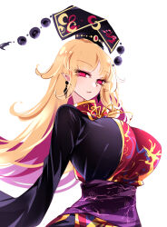 Rule 34 | 1girl, blonde hair, breasts, chinese clothes, crown, from side, highres, huge breasts, junko (touhou), large breasts, lips, long eyelashes, long hair, long sleeves, looking at viewer, mature female, orange hair, pointy ears, raptor7, red eyes, solo, touhou, white background