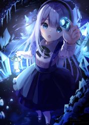 Rule 34 | 1girl, absurdres, blue eyes, bow, bowtie, cave, collared shirt, crystal, from above, glowing crystal, grey hair, hairband, highres, holding, holding lantern, lantern, long hair, long sleeves, mary janes, meronnpannpi, open mouth, original, shirt, shoes, skirt, stalagmite, suspender skirt, suspenders, very long hair
