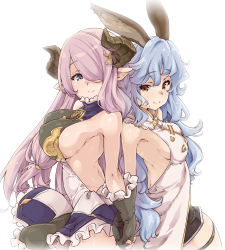 Rule 34 | 2girls, animal ears, back-to-back, bare back, bare shoulders, blue eyes, blue hair, blush, braid, breasts, brown eyes, brown gloves, cloak, cosplay, costume switch, cowboy shot, draph, elbow gloves, erune, eyebrows, ferry (granblue fantasy), fingerless gloves, from side, gloves, granblue fantasy, hair ornament, hair over one eye, hairpin, heart, heart-shaped pupils, holding hands, horns, interlocked fingers, large breasts, lips, long hair, looking at viewer, looking to the side, low-tied long hair, multiple girls, narmaya (granblue fantasy), pink hair, pointy ears, rabbit ears, shiny skin, shorts, side braid, sideboob, simple background, smile, standing, symbol-shaped pupils, tareme, thigh strap, thighs, thomasz, turtleneck, very long hair, white background