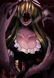 1girl blonde_hair breasts cleavage dress extra_arms frills gap_(touhou) hat highres horror_(theme) large_breasts long_hair mob_cap monster monsterification morph426 nail_polish open_mouth purple_dress solo teeth touhou upper_body very_long_fingernails very_long_hair yakumo_yukari