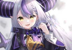 Rule 34 | 1girl, :d, ascot, black jacket, blush, braid, braided bangs, broken, collar, cuffs, demon horns, fangs, grey hair, hair between eyes, hand up, highres, hololive, horns, jacket, la+ darknesss, layered sleeves, long hair, long sleeves, looking at viewer, metal collar, multicolored hair, open mouth, pointy ears, smile, solo, streaked hair, teeth, tsurupy, upper body, upper teeth only, v-shaped eyebrows, virtual youtuber, yellow ascot, yellow eyes