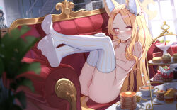 Rule 34 | 2girls, :o, absurdres, animal ears, aris (blue archive), aris (maid) (blue archive), ass, backlighting, bare shoulders, blonde hair, blue archive, blush, bow, breasts, bright pupils, cleft of venus, commentary, cup, english commentary, feet, finger to mouth, food, forehead, fox ears, gradient eyes, halo, highres, indoors, legs up, leimimomomo, long hair, looking at viewer, multicolored eyes, multiple girls, nipples, nude, orange eyes, pancake, pancake stack, parted bangs, plant, potted plant, pussy, reclining, saucer, seia (blue archive), small breasts, soles, solo focus, spread toes, striped clothes, striped thighhighs, sweets, tail, tart (food), tea, teacup, thighhighs, thighs, tiered tray, toes, uncensored, vertical-striped clothes, vertical-striped thighhighs, very long hair, white pupils, white thighhighs, window, yellow bow, yellow eyes