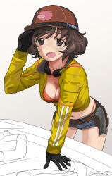Rule 34 | 10s, 1girl, :d, a1 (initial-g), absurdres, akiyama yukari, anglerfish, arm support, black gloves, blue shorts, bra, breasts, brown eyes, brown hair, brown hat, cidney aurum, cleavage, final fantasy, final fantasy xv, fish, girls und panzer, glasses around neck, gloves, grey background, hat, highres, leaning forward, medium breasts, midriff, navel, open mouth, orange bra, orange panties, panties, short shorts, shorts, smile, solo, stomach, sweater, torn clothes, torn shorts, underwear, yellow sweater