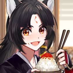 Rule 34 | 1girl, :d, animal ears, arknights, black hair, black kimono, blurry, blurry background, blush, bowl, chinese commentary, chopsticks, commentary request, dog ears, fangs, fengchaoqu, highres, holding, holding chopsticks, japanese clothes, kimono, long hair, looking at viewer, open mouth, orange eyes, portrait, rice, rice bowl, saga (arknights), smile, solo