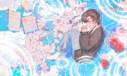 Rule 34 | 1boy, artem wing (tears of themis), book, brown hair, cherry blossoms, closed eyes, closed mouth, from above, full body, highres, long sleeves, lying, male focus, on side, pajamas, short hair, socks, solo, tears of themis, tubayran, white socks