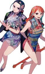 Rule 34 | 2girls, absurdres, alternate costume, black hair, breasts, crossed arms, full body, highres, japanese clothes, kimono, long hair, looking at viewer, medium breasts, multiple girls, nami (one piece), nico robin, one piece, orange hair, patterned clothing, patterned hair, shoes, smile, standing, thighs, upper body, yadu nadu