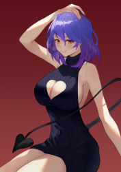 Rule 34 | absurdres, bare arms, bare legs, bare shoulders, black sweater, blue hair, breasts, cleavage, cleavage cutout, clothing cutout, demon girl, demon tail, dress, gradient background, gradient hair, grin, hair between eyes, hand on own head, highres, kinsou no vermeil, large breasts, looking at viewer, medium hair, meme attire, multicolored hair, nail polish, pointy ears, purple hair, red background, red eyes, red nails, ribbed sweater, sideboob, sitting, sleeveless, sleeveless sweater, sleeveless turtleneck, sleeveless turtleneck dress, smile, sweater, tail, turtleneck, turtleneck dress, vermeil (kinsou no vermeil), virgin killer sweater, xiiinaam 98
