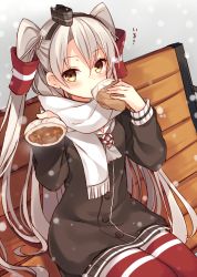 Rule 34 | 10s, 1girl, adapted costume, amatsukaze (kancolle), bad id, bad twitter id, baozi, bench, blush, brown eyes, choker, dress, eating, food, giving, hair tubes, holding, holding food, kantai collection, long sleeves, looking at viewer, pantyhose, park bench, sailor dress, scarf, shiromikan, short dress, silver hair, sitting, snowing, solo, striped clothes, striped pantyhose, sweater, sweater dress, translated, two side up, white scarf