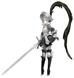 Rule 34 | 1girl, armor, arms at sides, black skirt, blonde hair, boots, breastplate, commentary request, fantasy, full body, gauntlets, grey eyes, helmet, high heel boots, high heels, highres, holding, holding sword, holding weapon, km yama, looking at viewer, original, pale skin, plume, skirt, solo, sword, teeth, thigh boots, upper teeth only, weapon, white background, zweihander