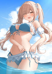 Rule 34 | 1girl, bikini, blue bikini, blue sky, breasts, brown hair, cloud, commentary request, day, fang, frilled bikini, frills, highres, long hair, looking at viewer, medium breasts, monaka curl, ocean, open mouth, original, sky, smile, solo, swimsuit, twintails, yellow eyes