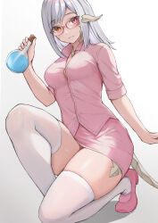 Rule 34 | 1girl, asymmetrical bangs, au ra, blush, breasts, closed mouth, commission, dragon girl, dragon horns, dragon tail, final fantasy, final fantasy xiv, flask, glasses, gradient background, grey hair, heterochromia, highres, holding, holding flask, horns, looking at viewer, medium breasts, medium hair, nurse, on one knee, orange eyes, pencil skirt, pink-framed eyewear, pink eyes, pink footwear, pink skirt, round-bottom flask, scales, shirt, sidelocks, simple background, skeb commission, skirt, solo, swept bangs, tail, thighhighs, thighs, tight clothes, tight shirt, torisanff14, warrior of light (ff14), white horns, white thighhighs