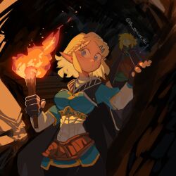 Rule 34 | 1boy, 1girl, artist name, belt, black cape, black gloves, black pants, blonde hair, blue eyes, blush, braid, breasts, cape, cowboy shot, fingerless gloves, fire, fire, gloves, green shirt, hair ornament, hairclip, highres, holding, holding torch, large breasts, link, looking at viewer, master sword, nintendo, pants, parted bangs, pk draws 40, princess zelda, shirt, short hair, short sleeves, solo focus, the legend of zelda, the legend of zelda: tears of the kingdom, torch, triforce print, weapon