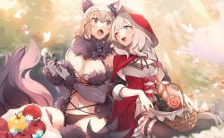 Rule 34 | 2girls, ;d, animal ears, apple, black legwear, blonde hair, blue eyes, breasts, bug, butterfly, capelet, cleavage, cosplay, elbow gloves, fate/apocrypha, fate/grand order, fate (series), flower, food, fruit, fur-trimmed gloves, fur-trimmed legwear, fur collar, fur trim, gloves, golden apple, halloween, halloween costume, headpiece, hood, hooded capelet, insect, jeanne d&#039;arc (fate), jeanne d&#039;arc (ruler) (fate), lace, lace-trimmed legwear, lace trim, large breasts, long hair, marie antoinette (fate), marie antoinette (festival outfit) (fate), mash kyrielight, mash kyrielight (dangerous beast), mash kyrielight (dangerous beast) (cosplay), multiple girls, nature, navel, no-kan, o-ring, o-ring top, official alternate costume, one eye closed, open mouth, outdoors, picnic basket, purple gloves, purple legwear, red capelet, red headwear, red hood, revealing clothes, saint quartz (fate), silver hair, smile, tail, very long hair, wolf ears, wolf girl, wolf tail
