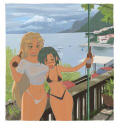 Rule 34 | 2girls, :3, ?, armpit crease, backlighting, balcony, beer bottle, bikini, black bikini, blonde hair, blue eyes, blush, boat, bottle, breasts, brown eyes, building, car, chzzei, cloud, cloudy sky, collarbone, commentary, confused, drunk, english commentary, fang, glasses, green hair, hand on another&#039;s waist, highleg, highleg bikini, highleg panties, highleg swimsuit, highres, holding, holding bottle, horizon, kuroi nanako, long hair, looking to the side, lucky star, medium breasts, messy hair, motor vehicle, mountain, mountainous horizon, multiple girls, narumi yui, navel, ocean, open mouth, outdoors, outline, panties, plant, pointing, potted plant, realistic, red car, shirt, short hair, short sleeves, sky, sparkle, stomach, string bikini, sweatdrop, swimsuit, tight clothes, tight shirt, tile floor, tiles, tree, underwear, very long hair, watercraft, white outline, white panties, white shirt, wooden railing