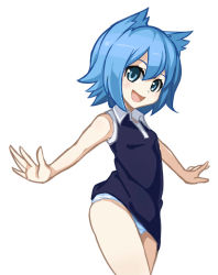 Rule 34 | 1girl, :d, animal ears, bare arms, blue dress, blue eyes, blue hair, blush, cat ears, clothes lift, collared dress, commentary request, cowboy shot, dress, dress lift, from side, hair between eyes, highres, looking at viewer, looking to the side, mo-re:, nanami ao, open mouth, outstretched arms, panties, short hair, simple background, sleeveless, sleeveless dress, smile, solo, spread arms, standing, tareme, underwear, white background, white panties, yozakura quartet